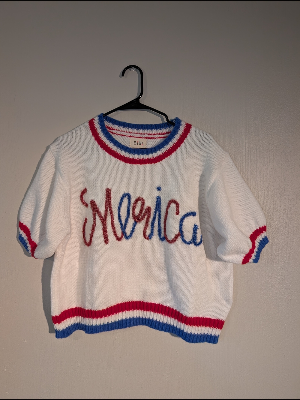 BiBi White Knit Sweater with Red & Blue Trim and 'Merica Script